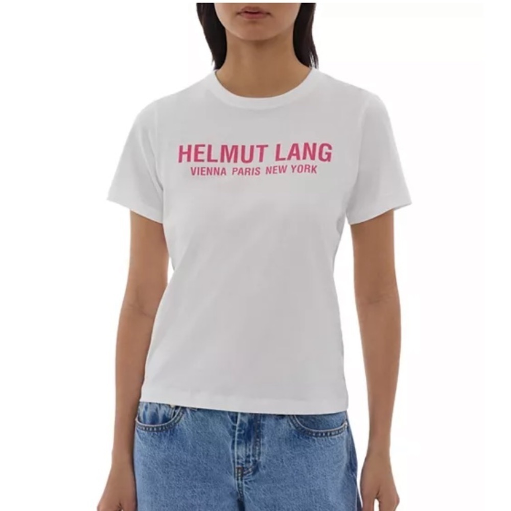 Helmut Lang Cotton Logo Women’s Baby Tee NWT Short Sleeves Cream Shocking Pink - Picture 11 of 13